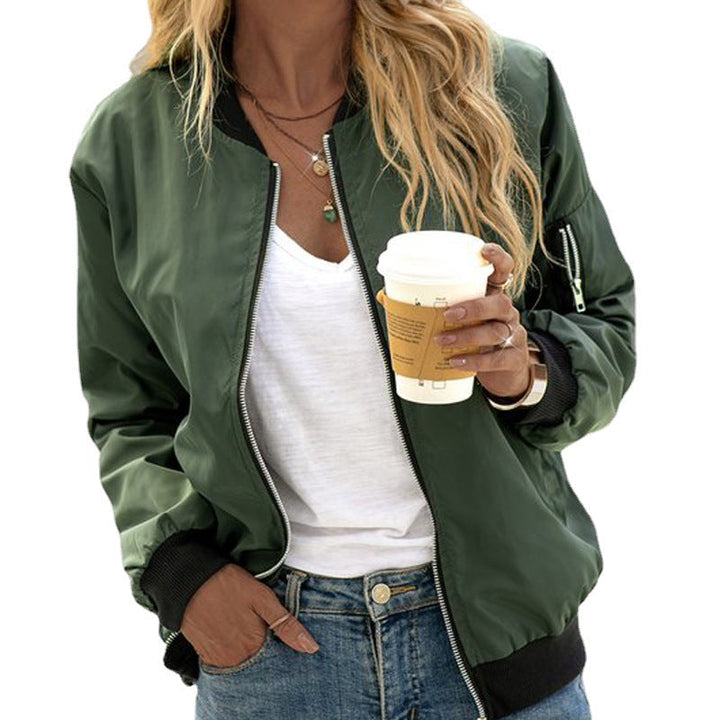 Grey women's casual bomber jacket, a comfortable and trendy zip-up outerwear for everyday wear.
