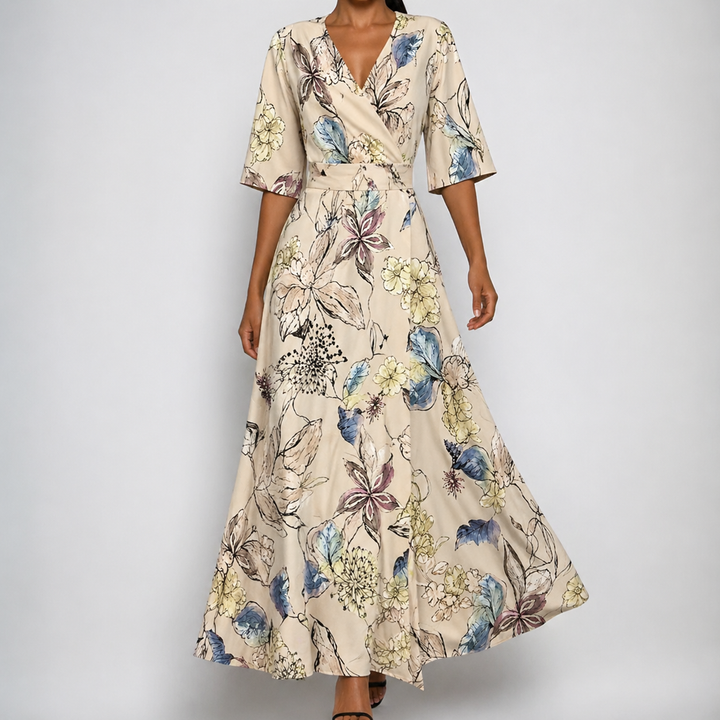 Women's Celeste floral wrap V-neck maxi dress with belt. Elegant printed summer dress, perfect for parties or wedding guests.