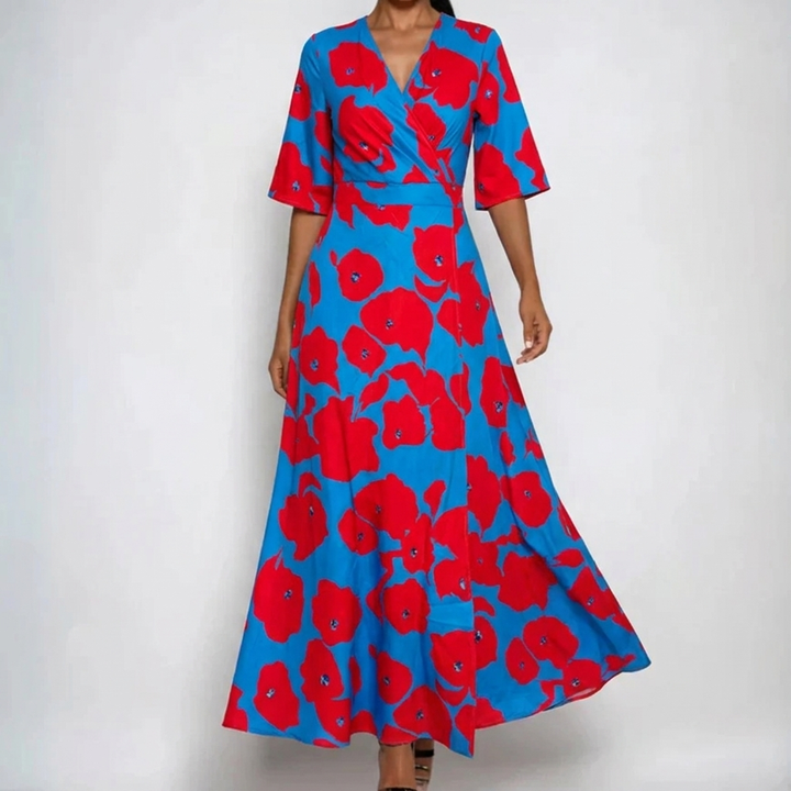 Beautiful women's floral print maxi wrap dress, V-neck, and belted design. Stylish and comfortable for summer events.