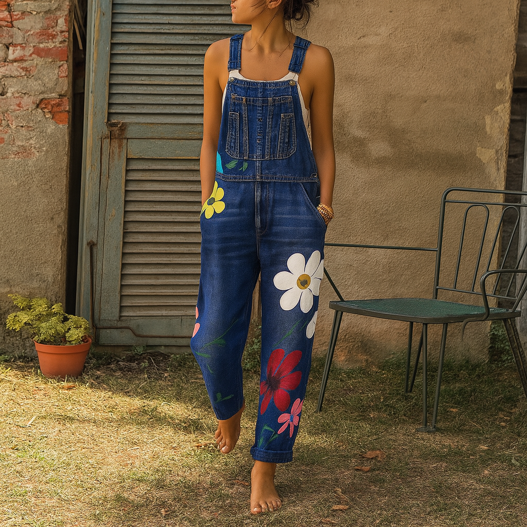 Women's chic floral denim jumpsuit, perfect for summer & spring. Light wash one-piece, comfortable & effortlessly stylish.