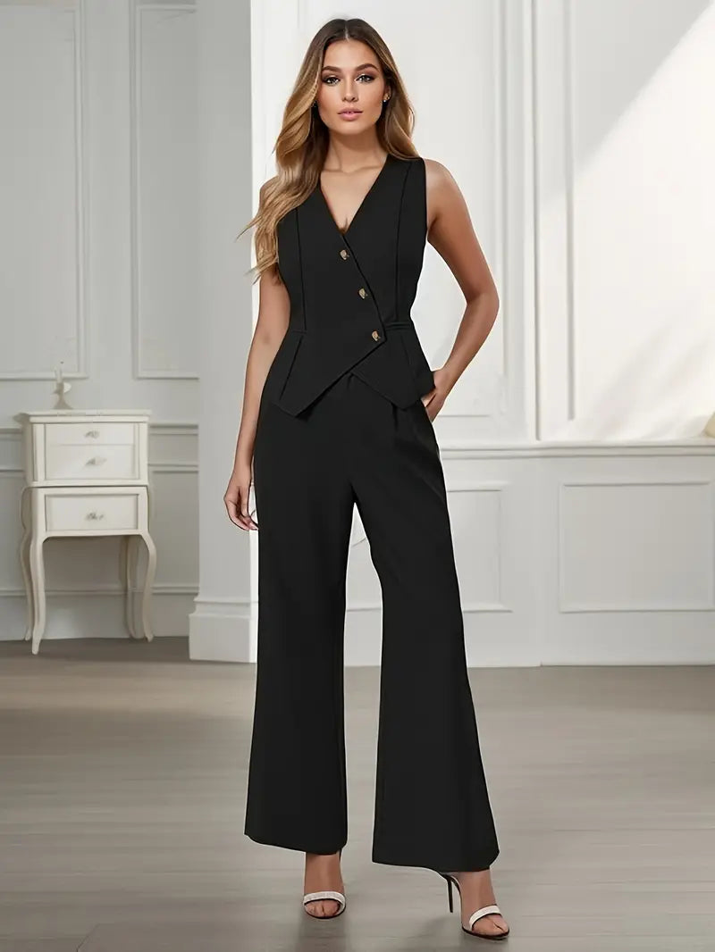 Close-up of a women's spring vest and pant co-ord set in a soft pastel color, elegant and chic