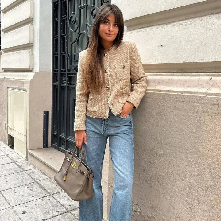 Women's chic khaki tweed button-down jacket, elegant outerwear