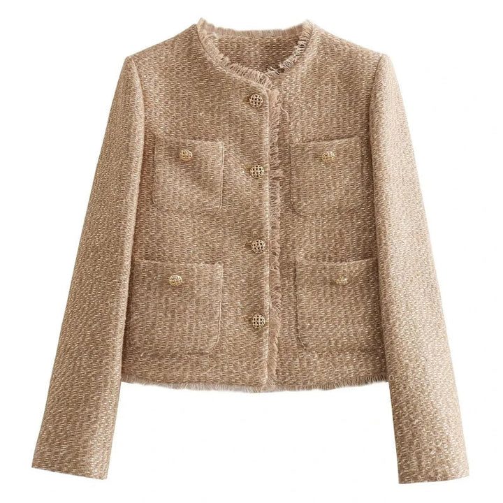 Close-up of women's khaki tweed button-down jacket fabric and buttons