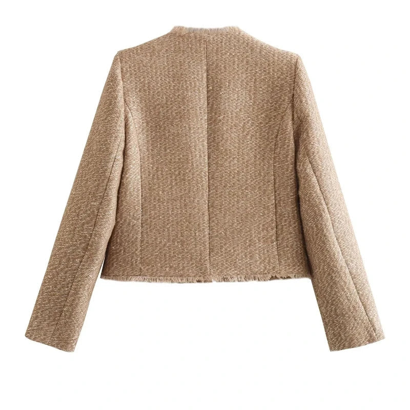 Stylish women's khaki tweed jacket, ideal as a button-down outerwear piece