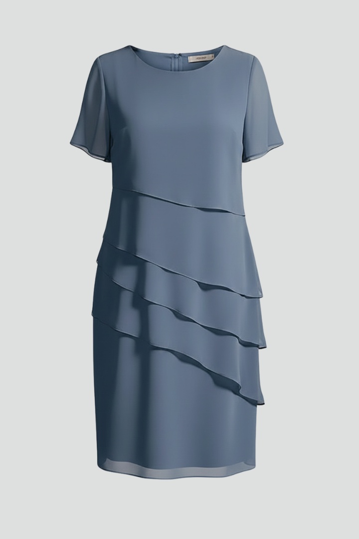 Women's chic layered front short sleeve dress, knee-length, perfect for summer casual wear.