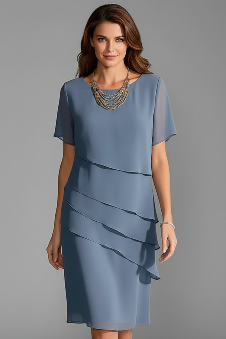 Elegant women's short sleeve dress with layered front, straight fit, round neck, ideal for spring everyday wear.