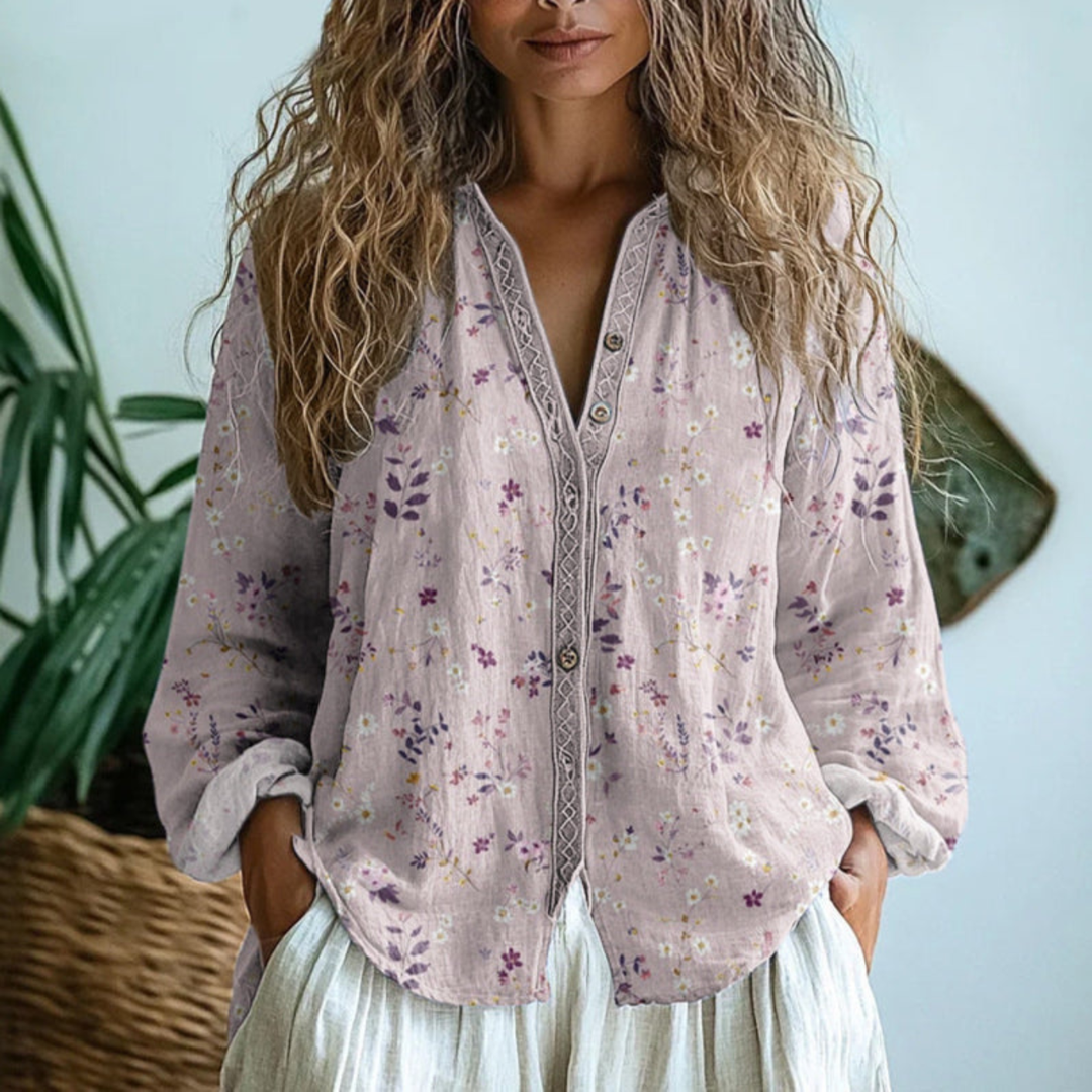 Stylish purple long sleeve button-down blouse for women. Versatile, lightweight, and chic casual everyday top.