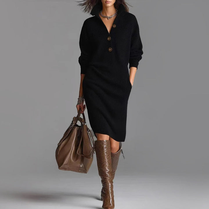 Elegant women's long sleeve midi sweater dress with collar. Ideal slim fit for chic fall and winter fashion, versatile.