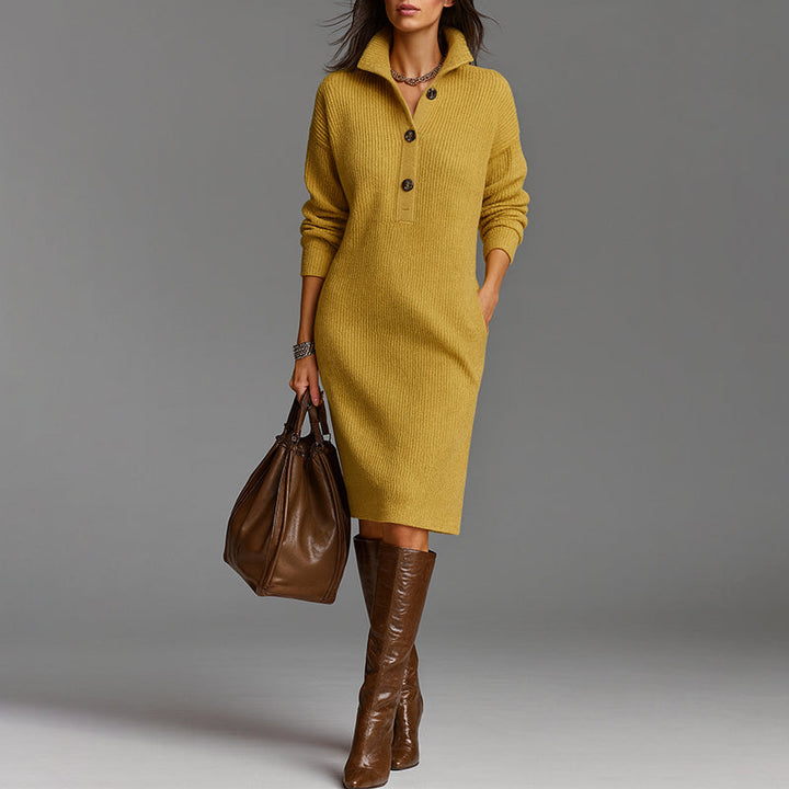 Sophisticated women's midi sweater dress featuring a spread collar, button placket & flattering slim fit for modern style.