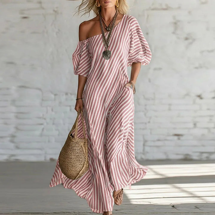 Women's chic one-shoulder puff sleeve dress with elegant stripes, perfect for summer parties.