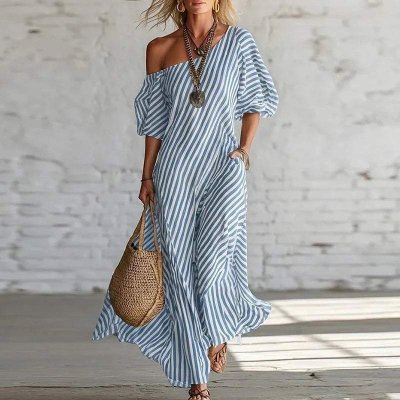 Elegant women's one-shoulder puff sleeve dress, a fashion-forward striped design for any event.