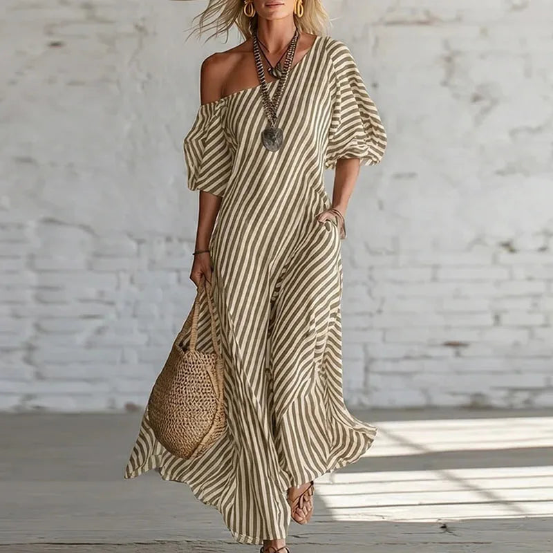 Casual yet chic women's summer dress: a striped one-shoulder style with an eye-catching puff sleeve.