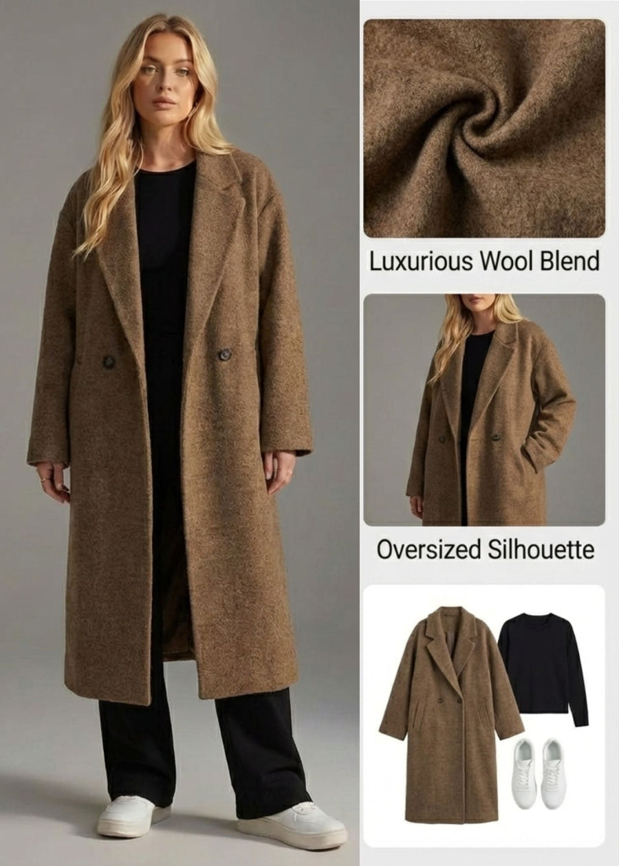 Women's chic oversized maxi coat. Elegant long winter outerwear for stylish cold weather layering.