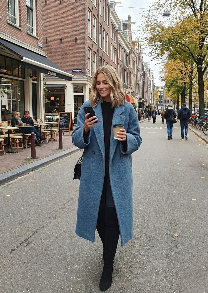 Elegant long women's coat. Oversized maxi style for sophisticated winter fashion & layering.