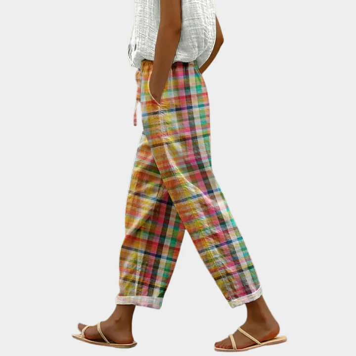 Women's chic plaid check drawstring casual pants, relaxed fit for effortless summer style & comfort.