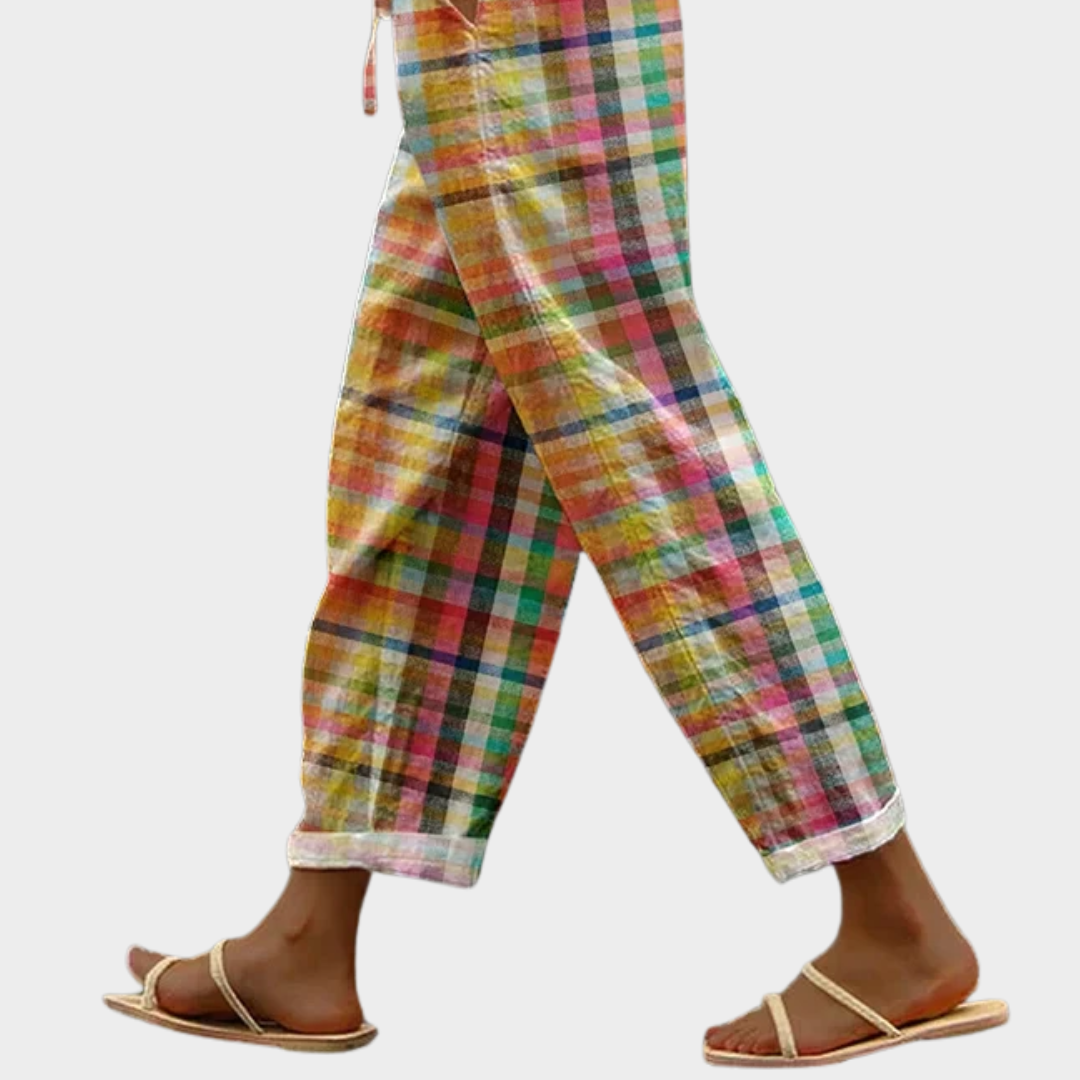 Comfortable women's plaid check drawstring pants; stylish, relaxed fit for casual wear or warm weather.