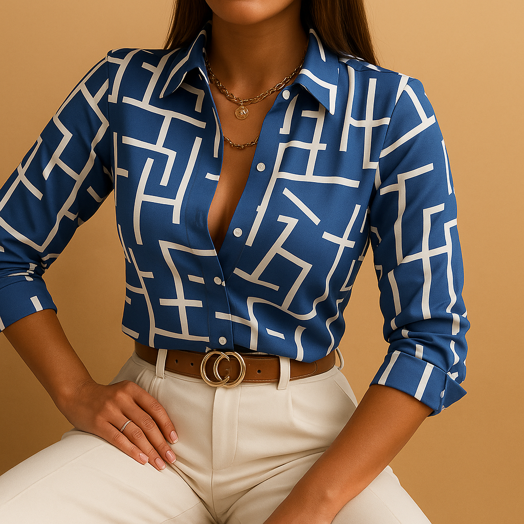 Women's chic printed long sleeve blouse, versatile for casual or elegant wear. Flattering everyday top.