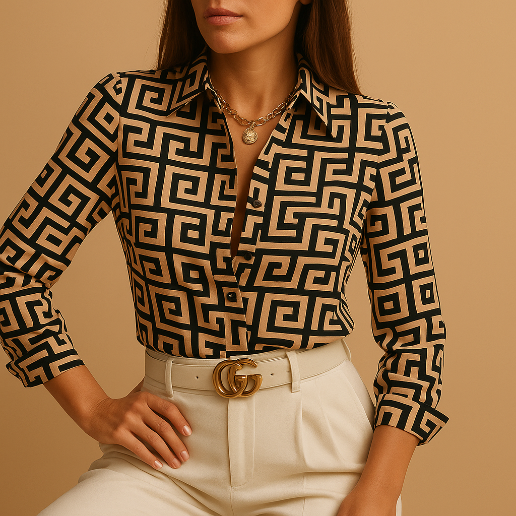 Women's chic printed blouse, showcasing flattering design & versatile style. A fashionable long sleeve everyday top.