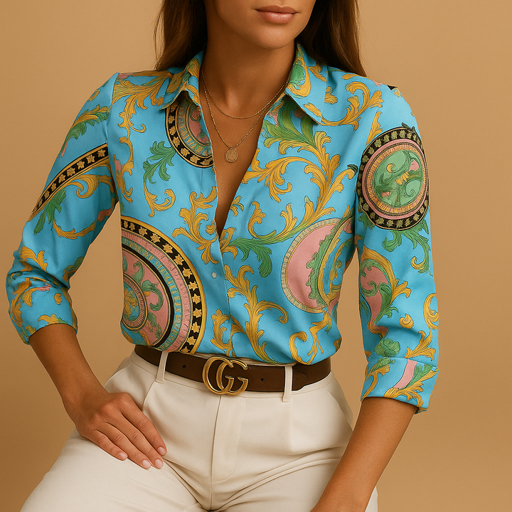 Statement piece women's printed blouse, chic and eye-catching. A fashionable, flattering, versatile long sleeve top.