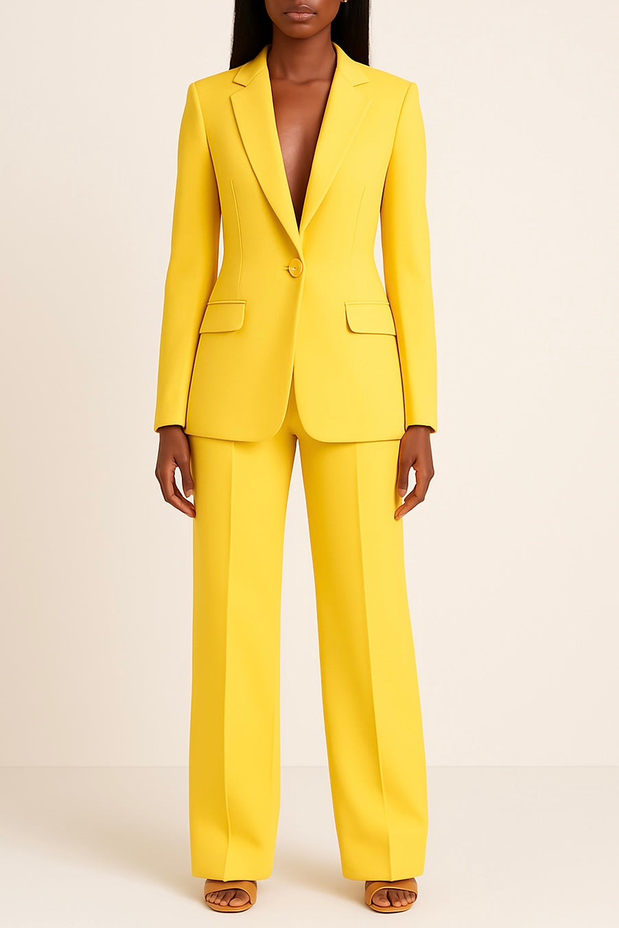 Stylish women's tailored blazer and trouser suit in classic black. Perfect for business attire