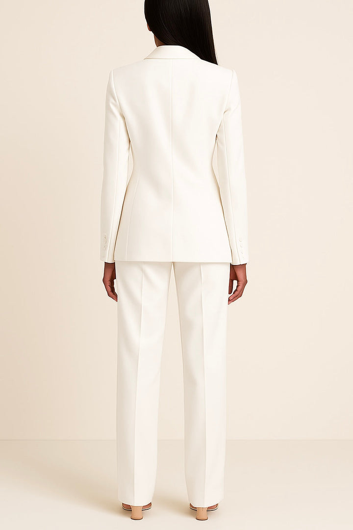 Modern women's tailored suit set with a sleek black blazer and trousers, suitable for businesswomen