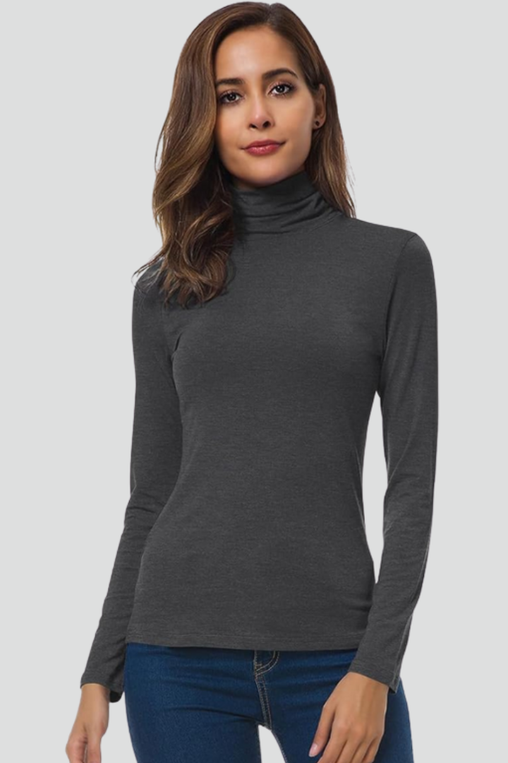 Women's cozy long sleeve turtleneck, a stylish plain knit sweater for effortless comfort.