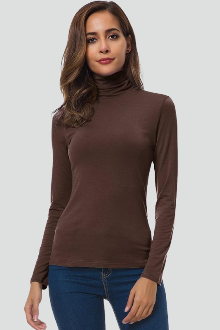 Elegant women's long sleeve turtleneck top, a versatile plain knit for casual chic layering.