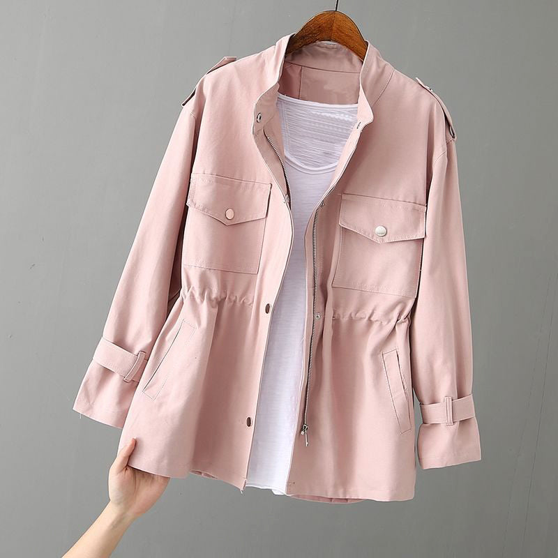 Women's chic utility jacket with prominent zipper closure and collar, ideal for casual wear.