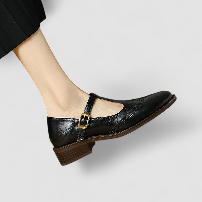 Casual summer shoes: women's black mary jane flats with classic buckle strap, rounded toe