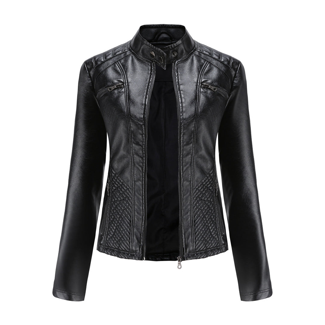 Women's classic black faux leather biker jacket with silver zip and snap buttons, front view.
