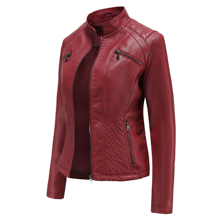 Women's outerwear: a chic faux leather moto jacket with a main zip and functional details.