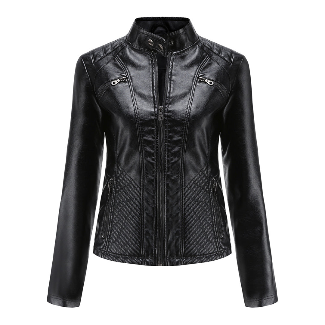 Stylish women's black faux leather outerwear, a classic biker jacket with multiple zippers.