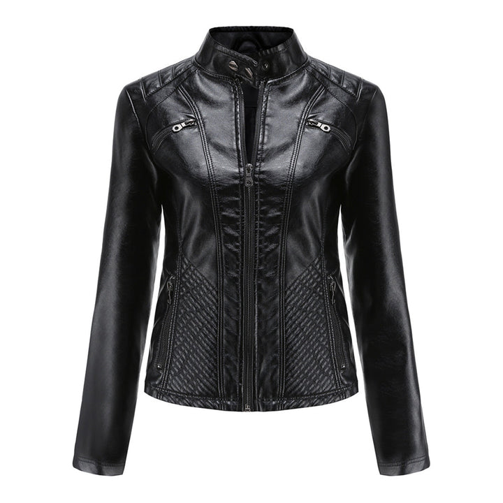 Stylish women's black faux leather outerwear, a classic biker jacket with multiple zippers.