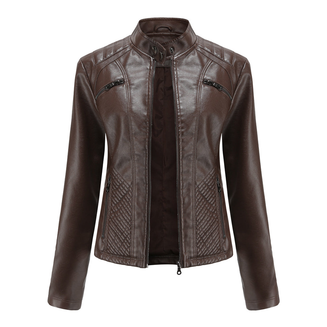 A women's classic faux leather zip-up jacket, perfect for an edgy and stylish look.