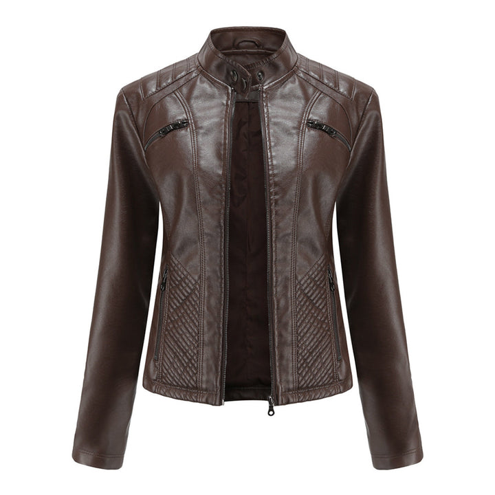 A women's classic faux leather zip-up jacket, perfect for an edgy and stylish look.