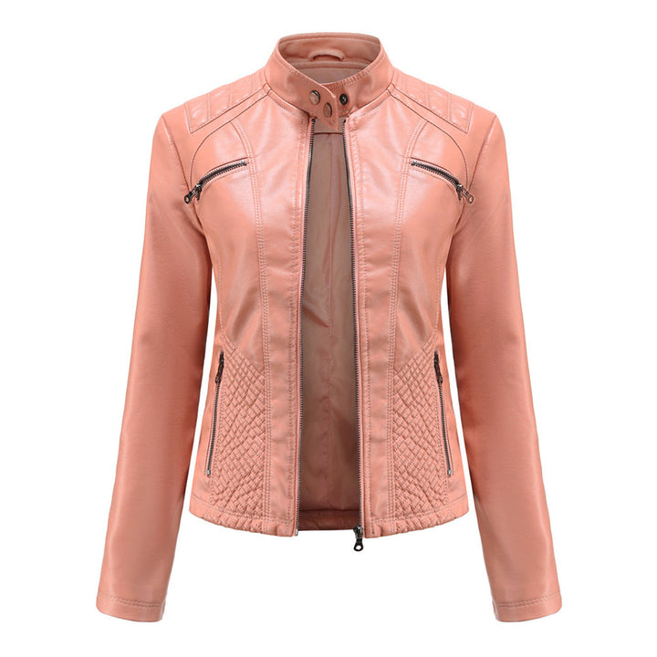 Full shot of a women's faux leather biker jacket, highlighting its timeless design and fit.