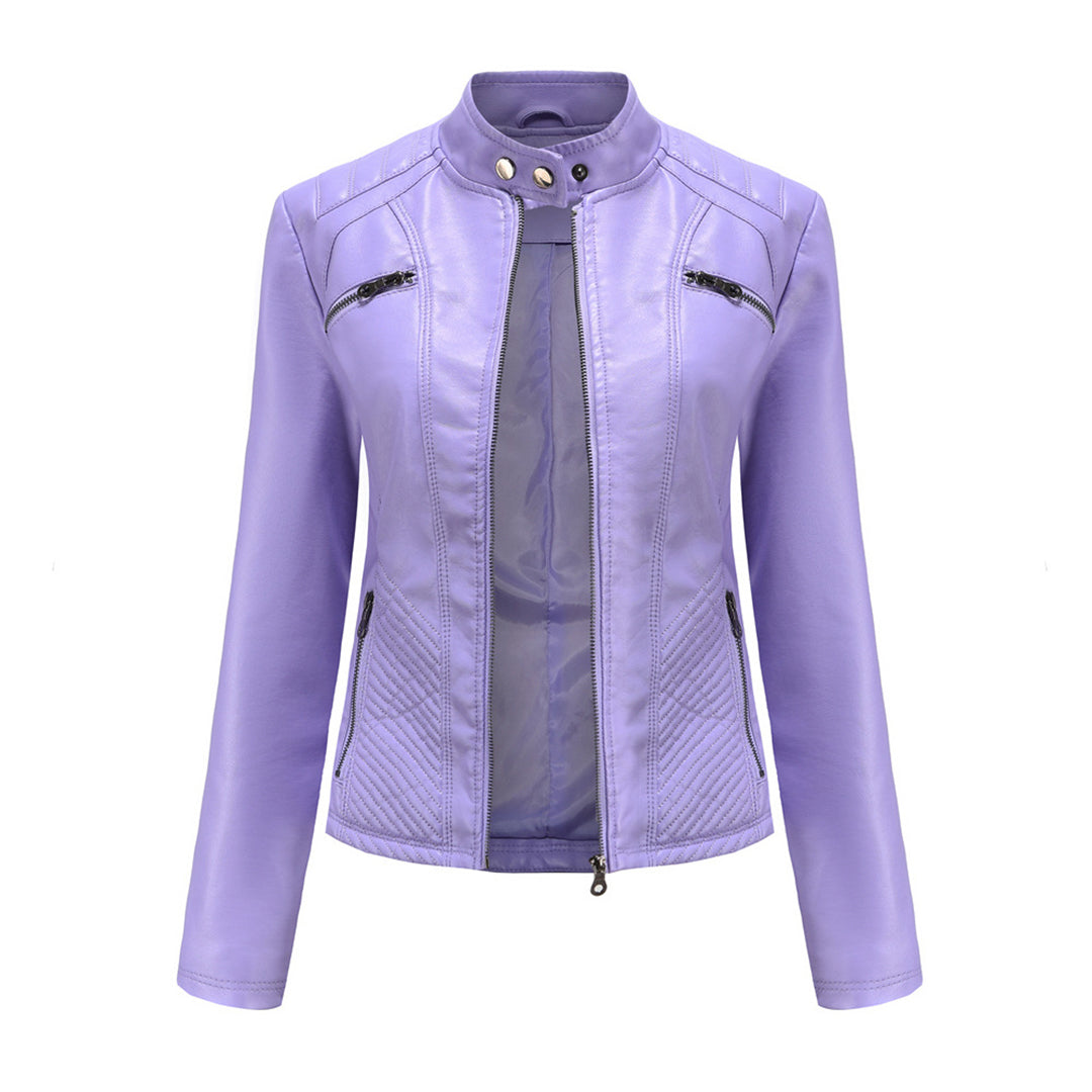 Black faux leather jacket for women, a versatile outerwear piece with a prominent front zip.