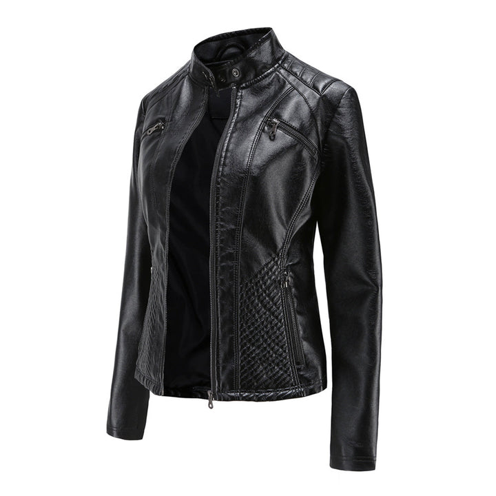 Detailed view of the cuffs and zip closure on a women's classic faux leather biker jacket.