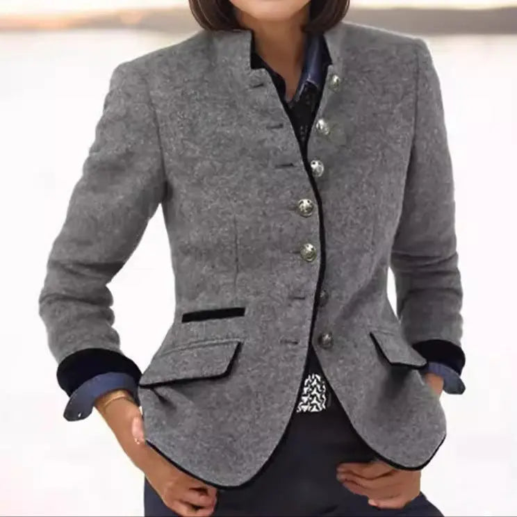 Tailored women's jacket for professional office attire. Elegant & versatile, a must-have layering piece.