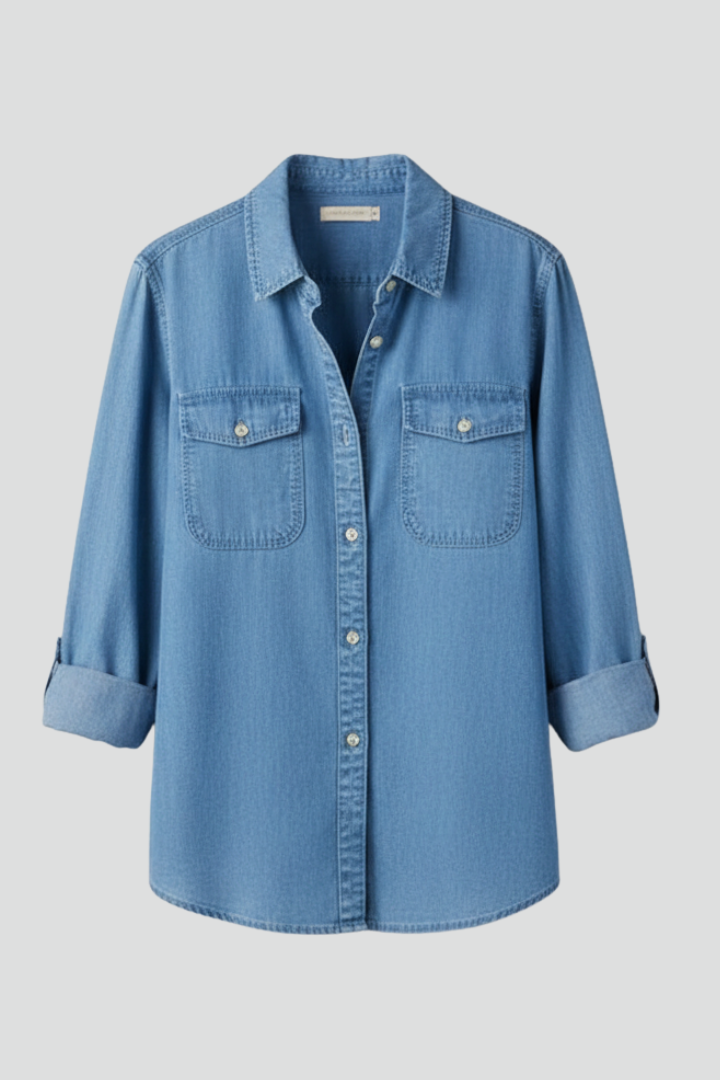 Women's classic button front long sleeve shirt with chest pockets. Versatile for casual everyday chic.