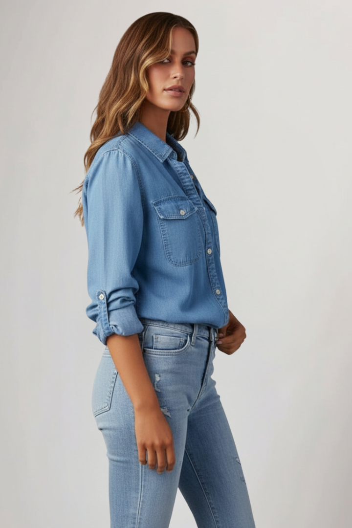 Casual women's button front shirt with long sleeves & practical chest pockets. Everyday fashion essential.