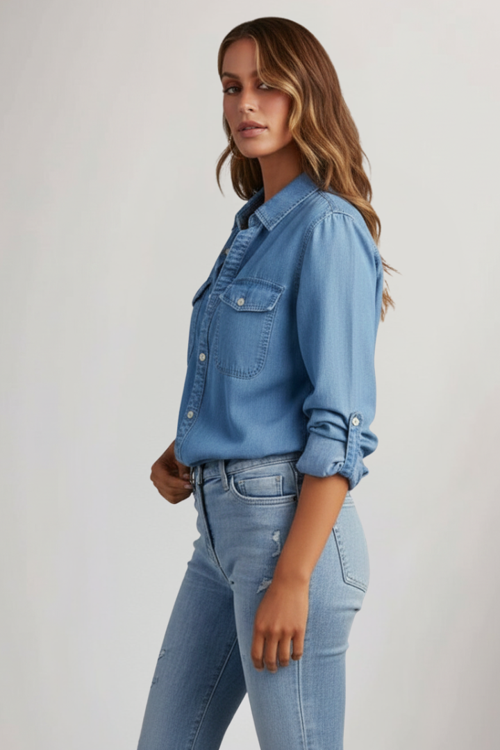 Classic women's long sleeve button front shirt with chest pockets, offering an everyday chic look.