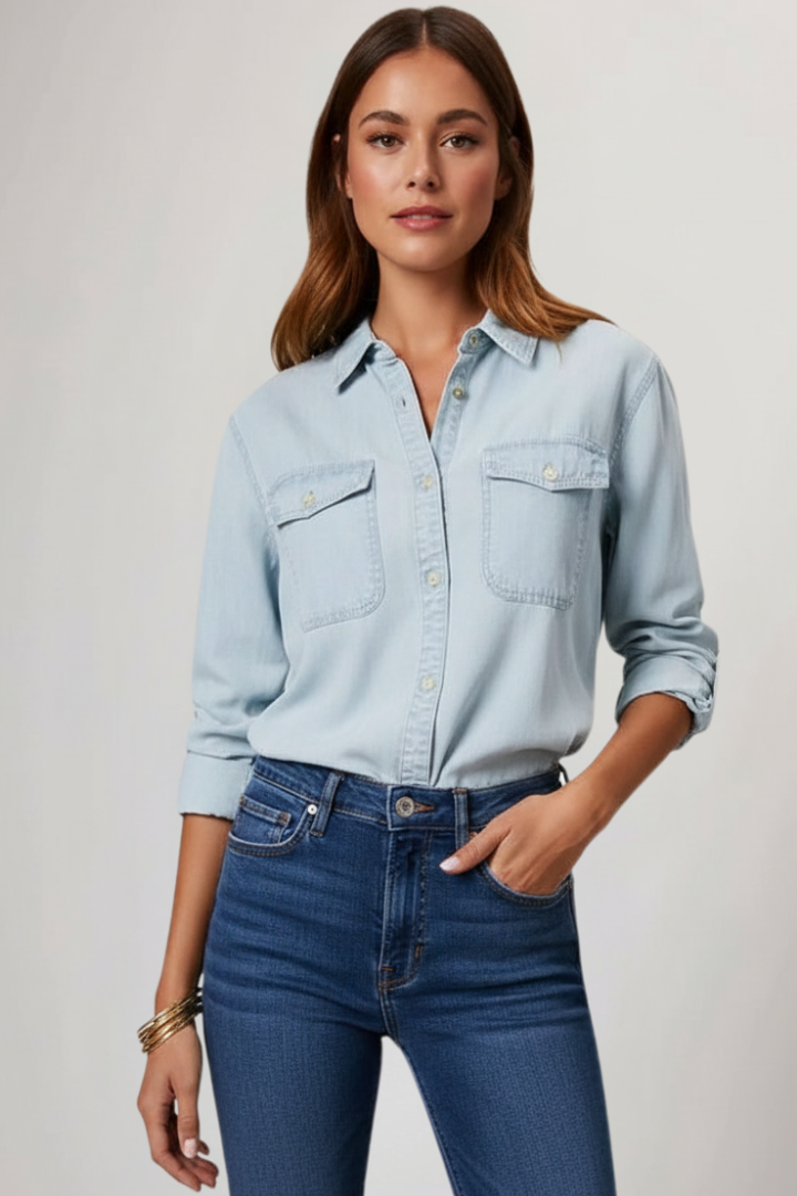Versatile women's long sleeve button front shirt, great for casual wear or elegant layering. Relaxed fit.