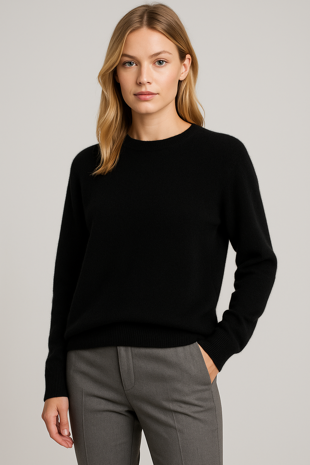 Elegant women's crew neck sweater, long sleeve knit top for versatile seasonal apparel.