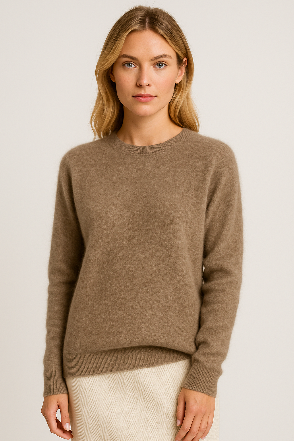 Women's classic crew neck sweater styled for versatile fashion, perfect casual elegant top.