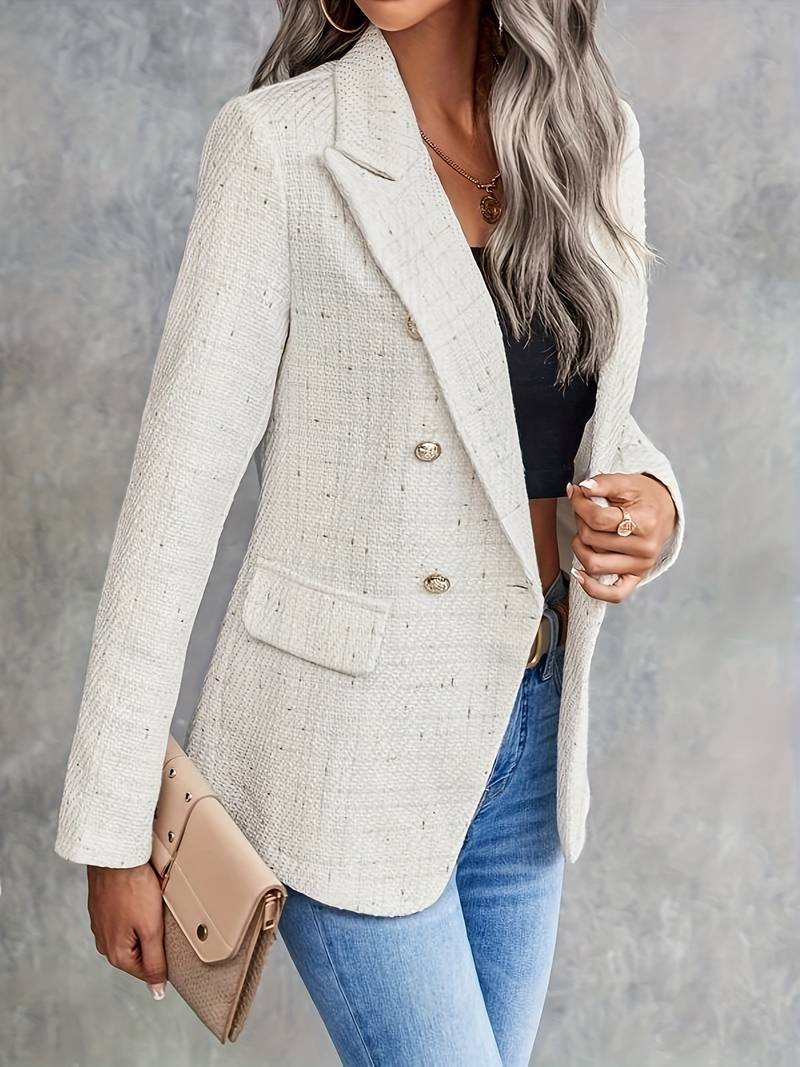 Women's classic double-breasted tailored beige blazer, perfect for office wear or business casual chic.