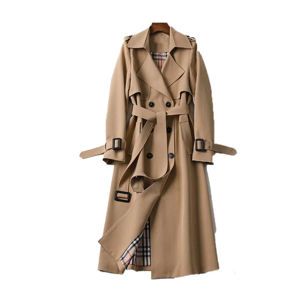 Women's classic double-breasted trench coat in a neutral color, perfect for autumn outerwear.