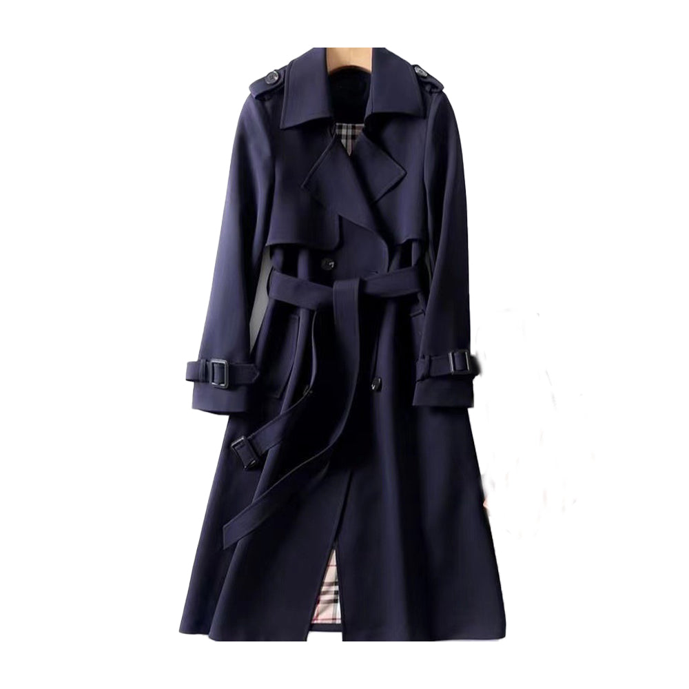 Front view of a women's double-breasted trench coat with wide lapels and belt, ideal for autumn.