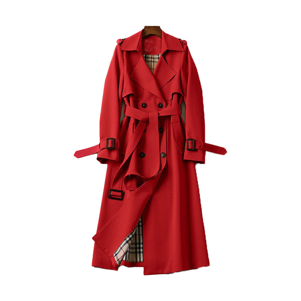 Close-up of the double-breasted detail on a women's classic trench coat, highlighting the style.
