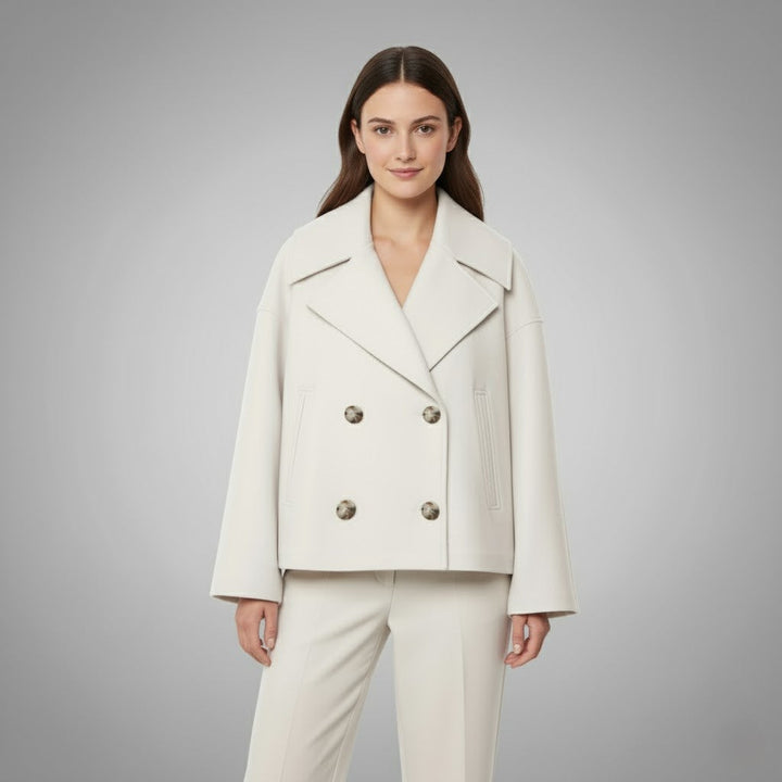 Women's classic double-button short jacket in a versatile elegant style for outerwear fashion.